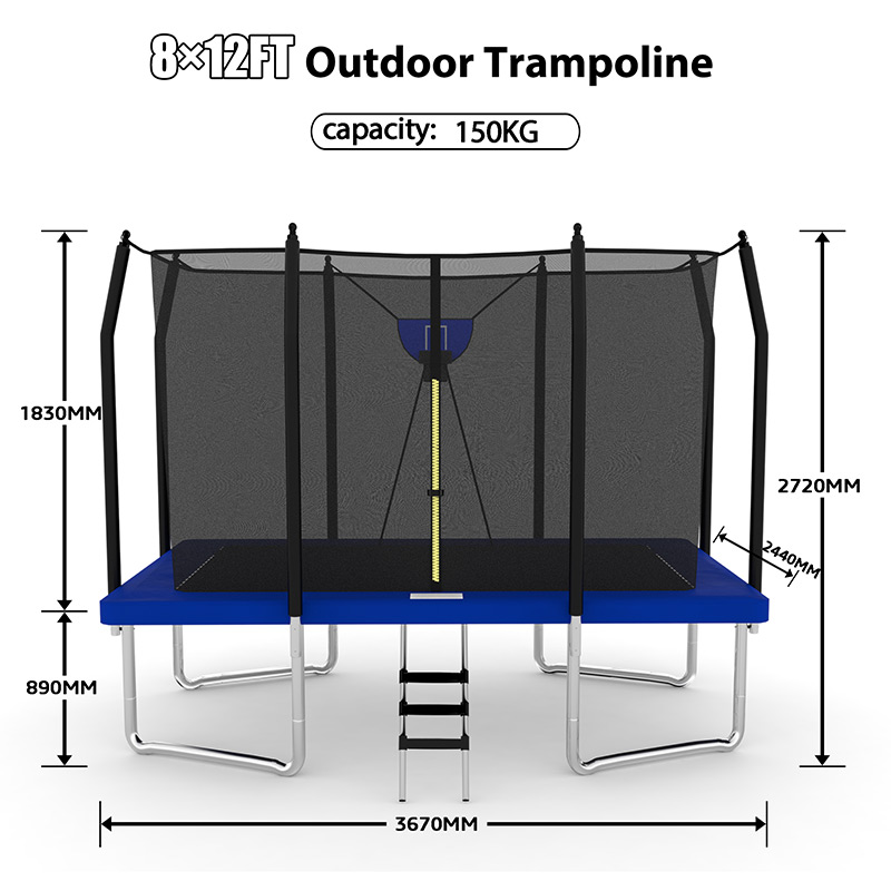 8x12ft Rectangular Trampoline with Safety Enclosure Blue FREE Ladder & Basketball Game
