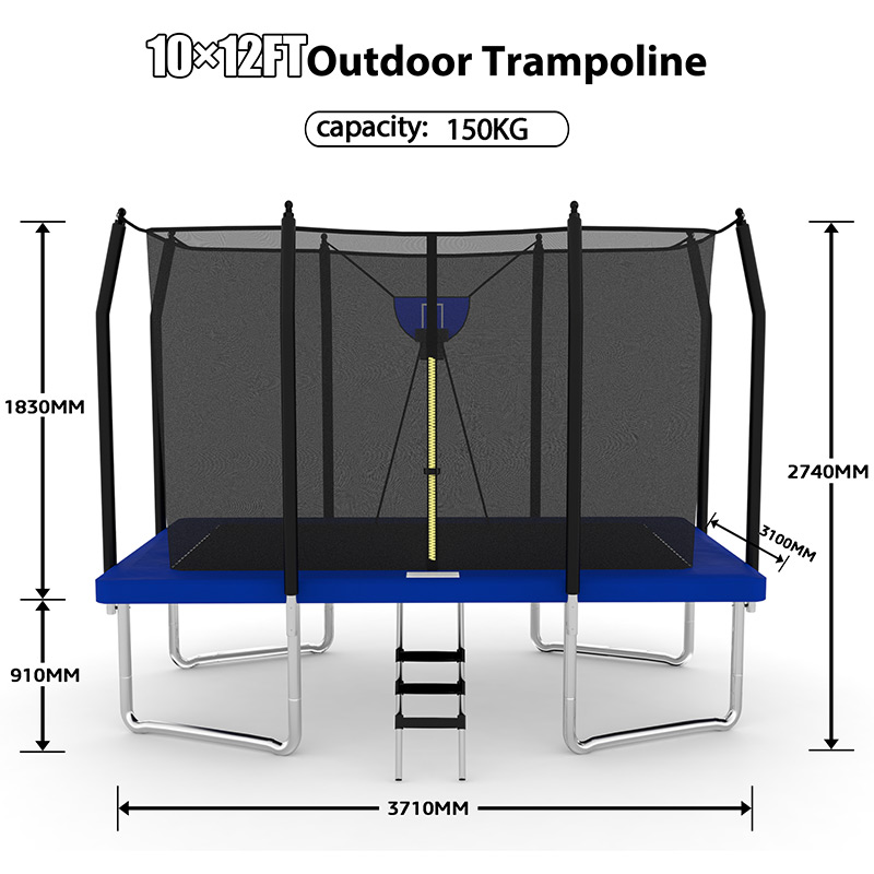 10x12ft Rectangular Trampoline with Safety Enclosure Blue FREE Ladder & Basketball Game