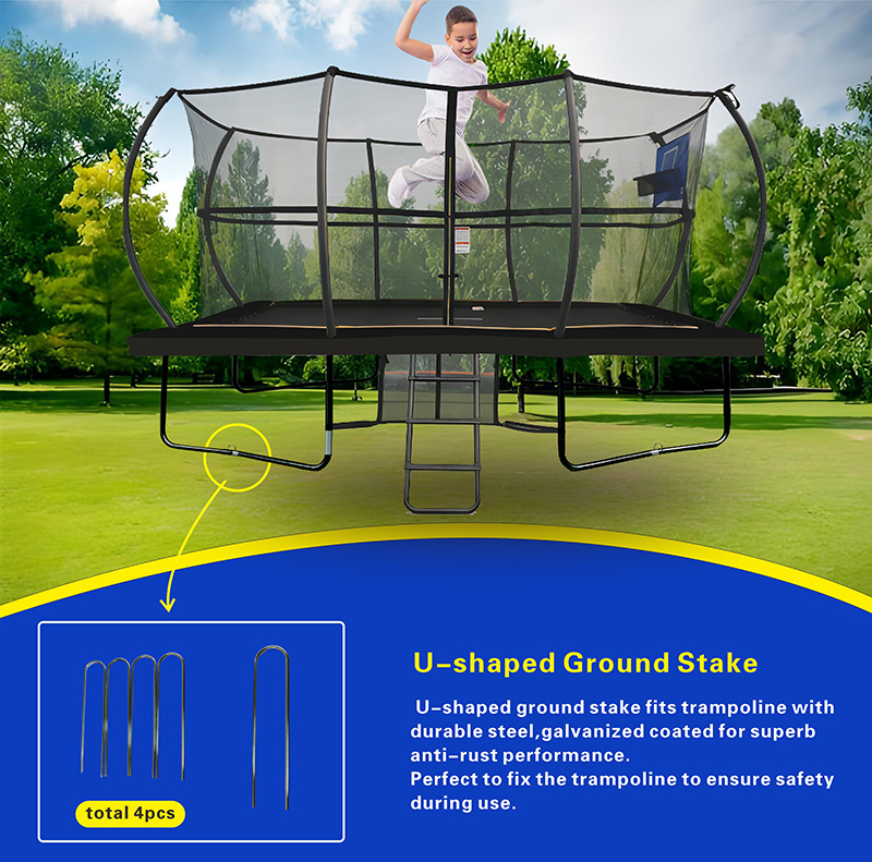 8x12ft Rectangular Powder Coated Trampoline with Safety Enclosure Black - Free Ladder Shoe Tidy Anchor Kit Basketball