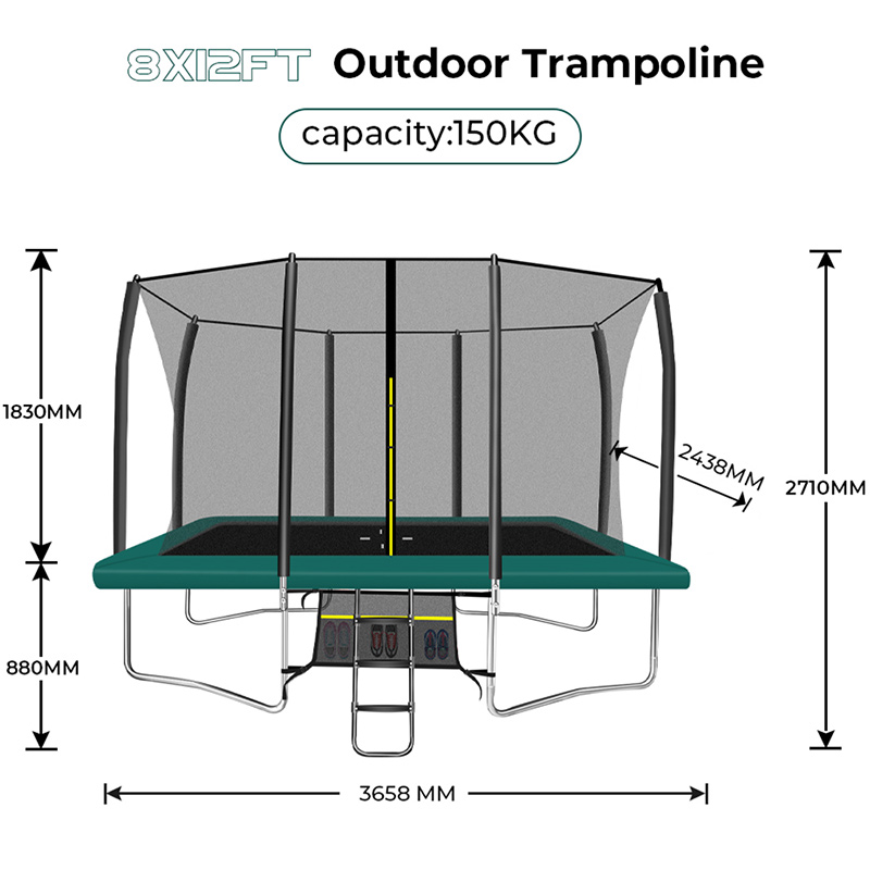 8x12ft Rectangular Trampoline with Safety Enclosure Green – Free Ladder & Shoe Tidy