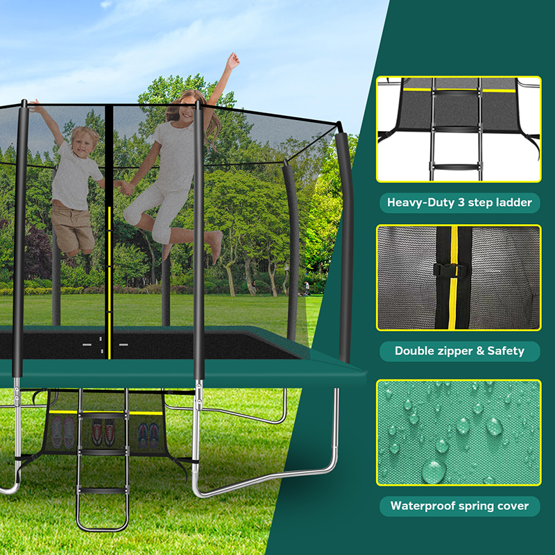 9x14ft Rectangular Trampoline with Safety Enclosure Green – Free Ladder & Shoe Tidy