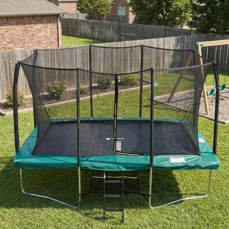 9x14ft Rectangular Trampoline with Safety Enclosure Green – Free Ladder & Shoe Tidy