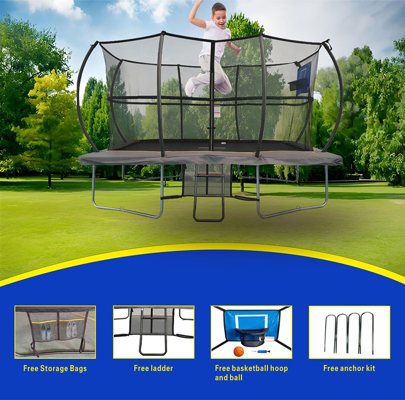 7x10ft Rectangular Trampoline with Safety Enclosure Grey - Free Ladder Shoe Tidy Anchor Kit Basketball Game